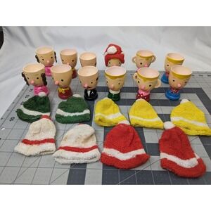 Napco Wooden‎ Egg Cup Holder Lot of 12 Painted Face Stocking Hats